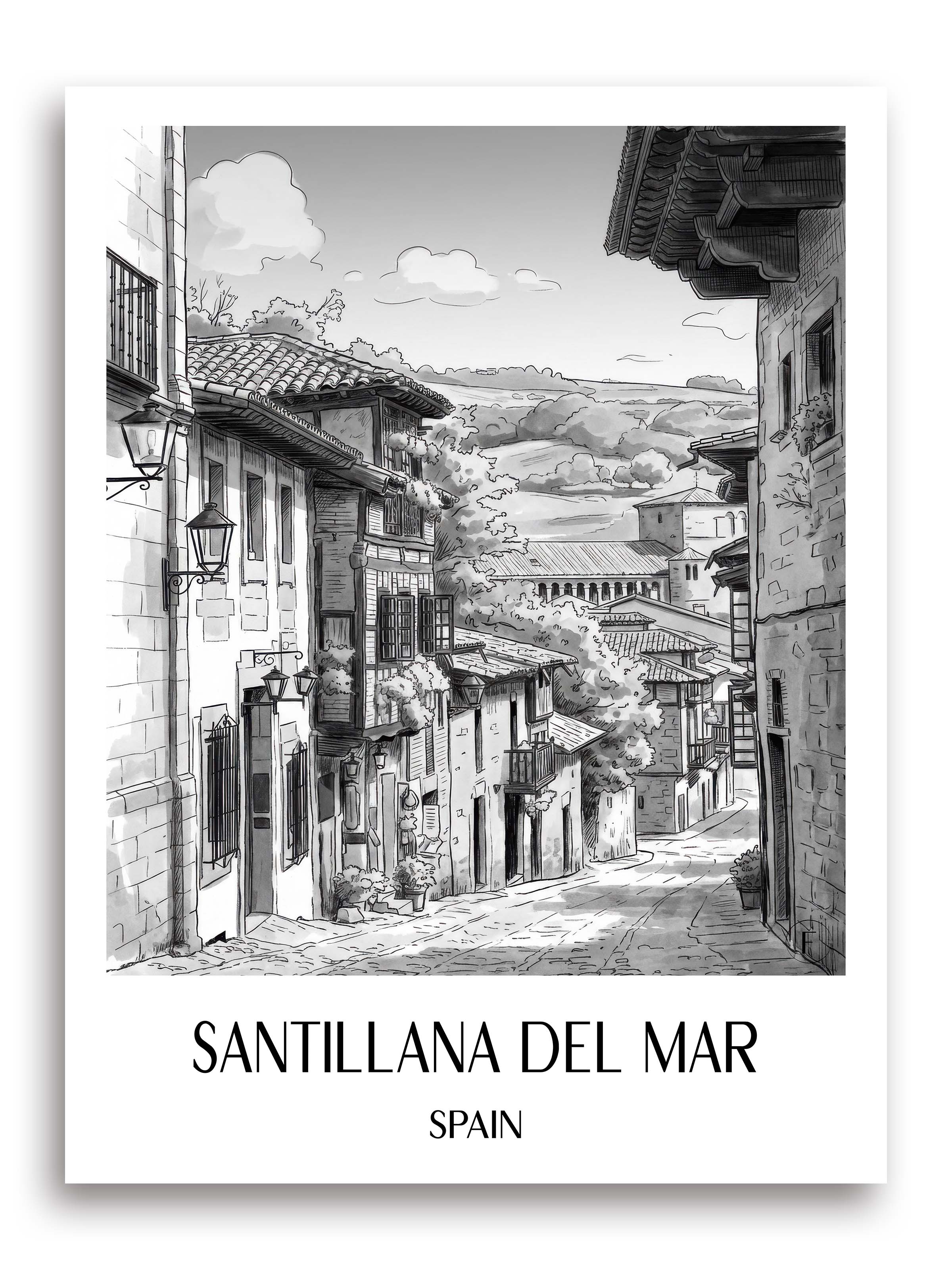 Santillana del Mar Poster - Spanien - Spanien Kunstdruck - Aquarell Schwarz-Weiß von A4 bis A1 - favplace