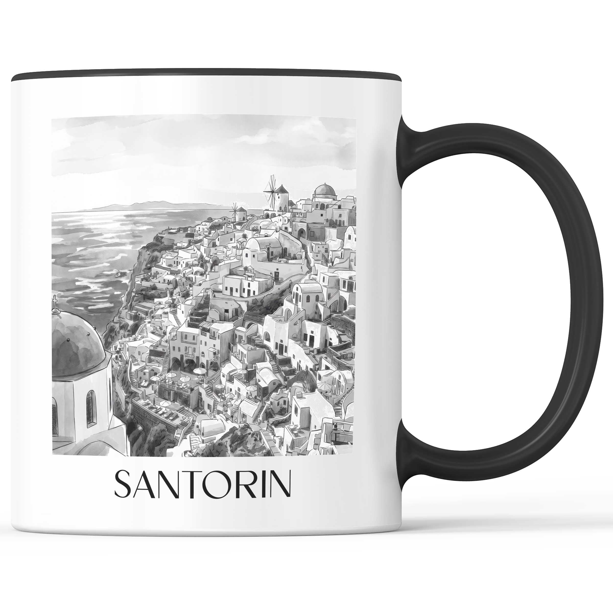 santorin-griechenland-kaffeebecher-aquarell-schwarz-weiss