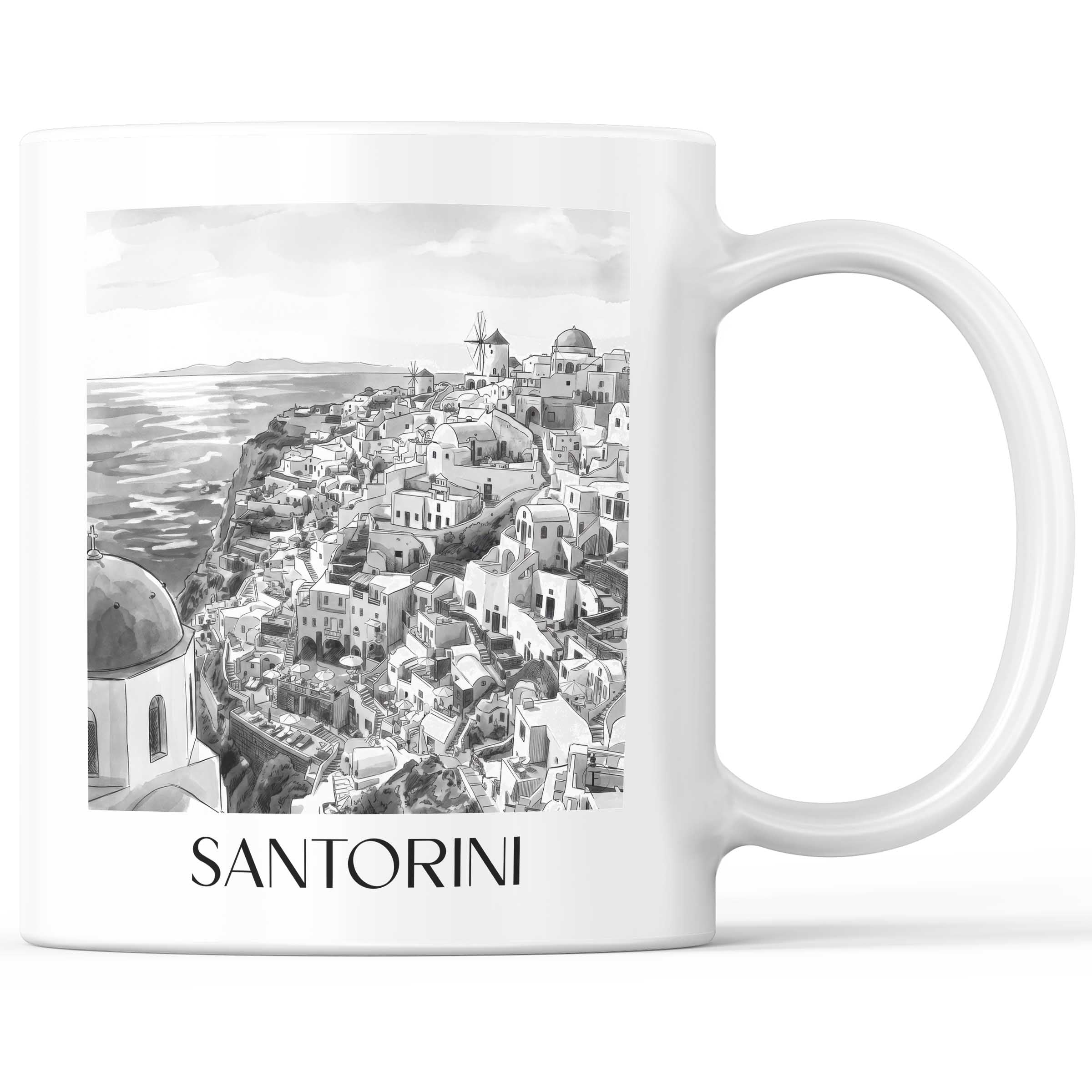 Santorin - Griechenland Becher - Kaffeetasse im Aquarell Schwarz-Weiß Stil - favplace