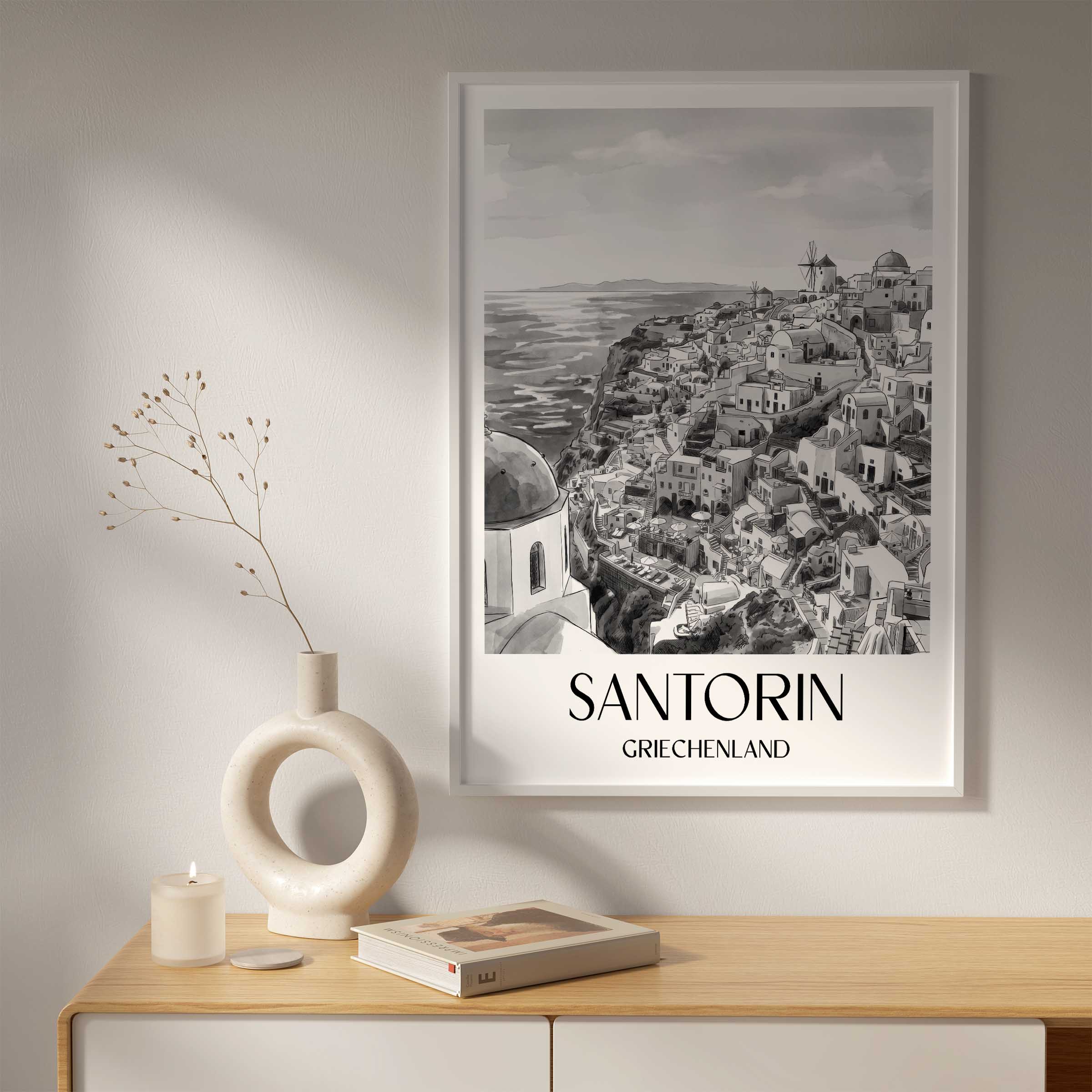 santorin-griechenland-poster-aquarell-schwarz-weiss