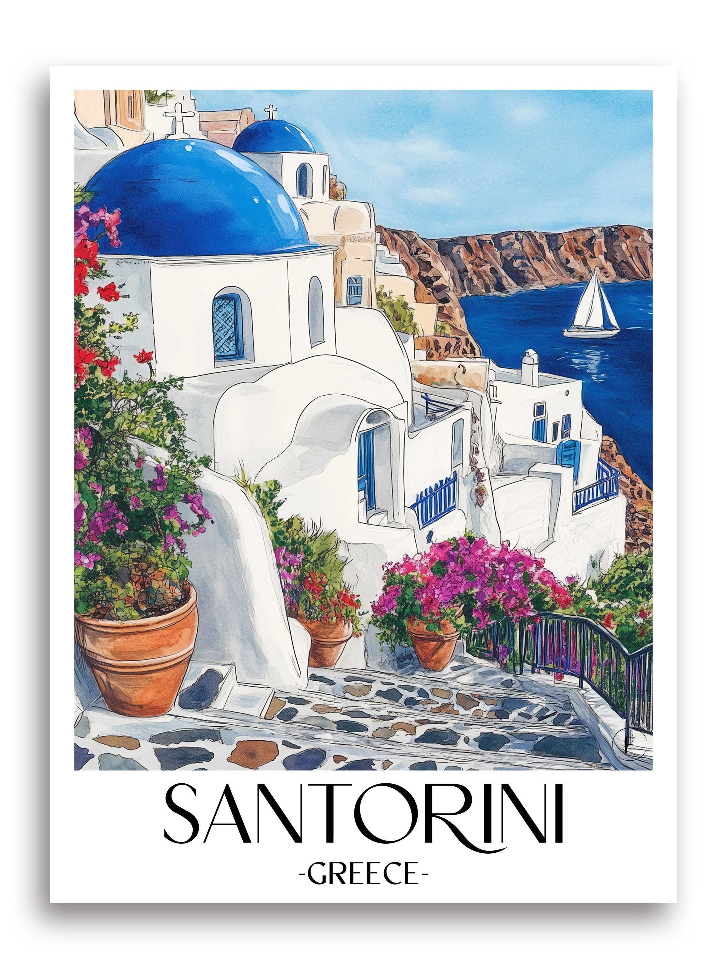 Santorin Poster -  Griechenland Kunstdruck - Aquarell von A4 bis A1 - favplace