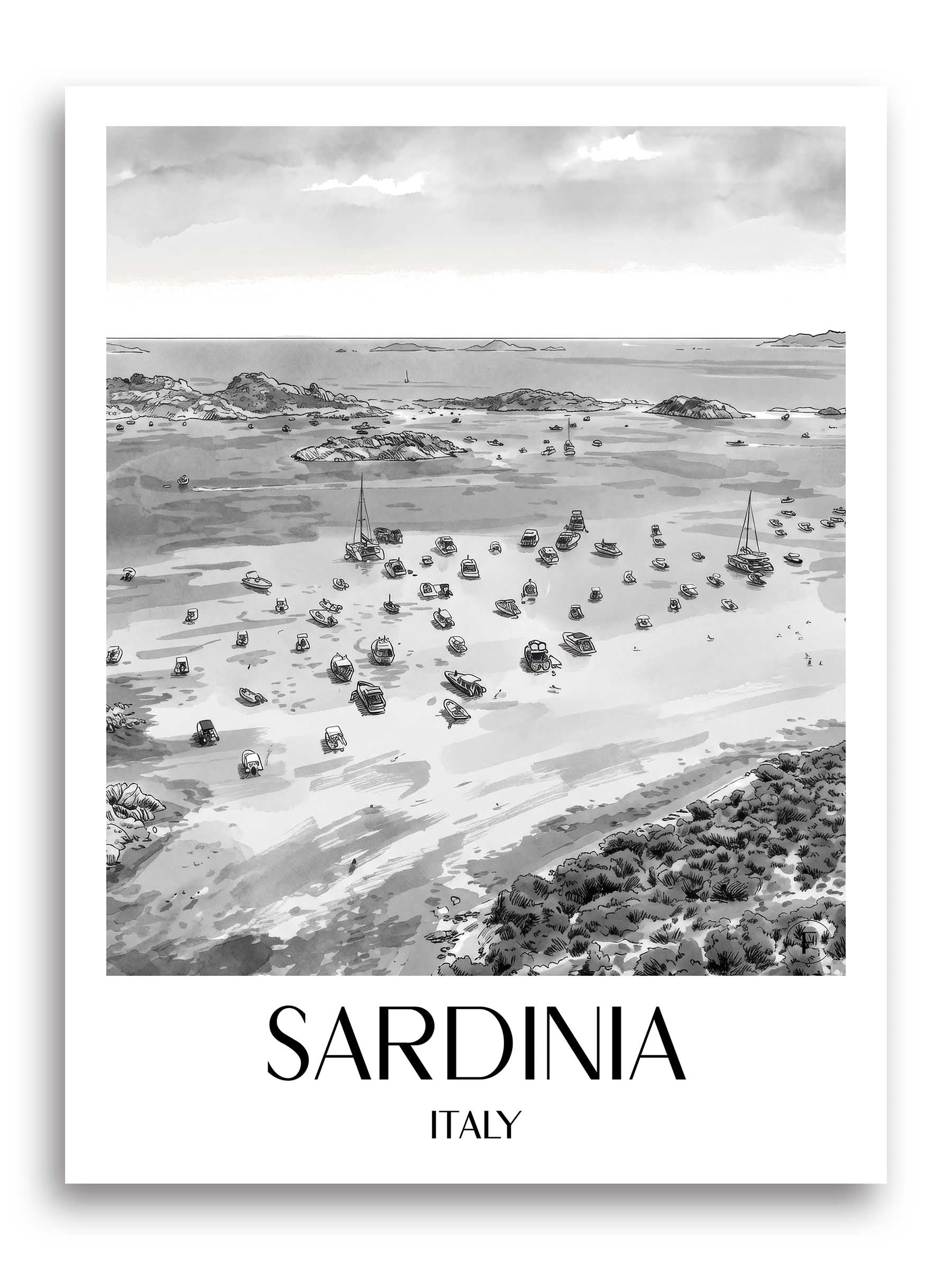 Sardinien Poster - - Italien Kunstdruck - Aquarell Schwarz-Weiß von A4 bis A1 - favplace