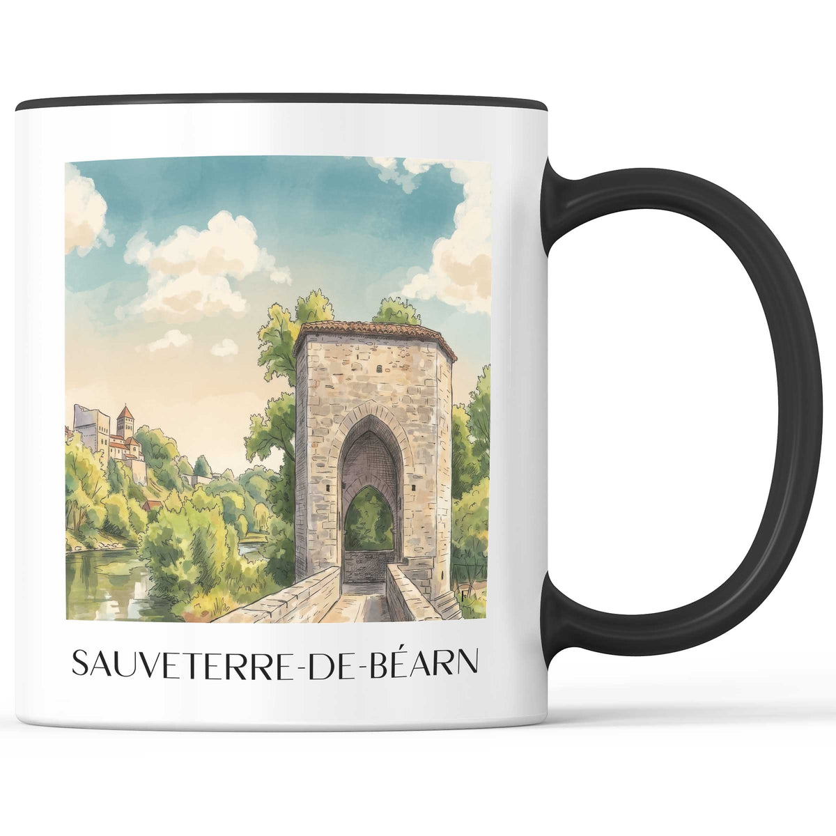 sauveterre-de-béarn-béarn-frankreich-kaffeebecher-aquarell