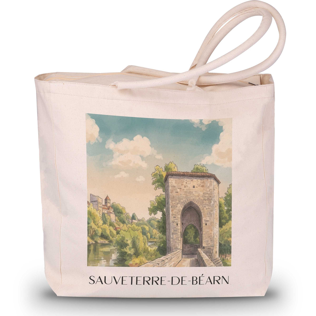 sauveterre-de-béarn-béarn-frankreich-einkaufstasche-aquarell