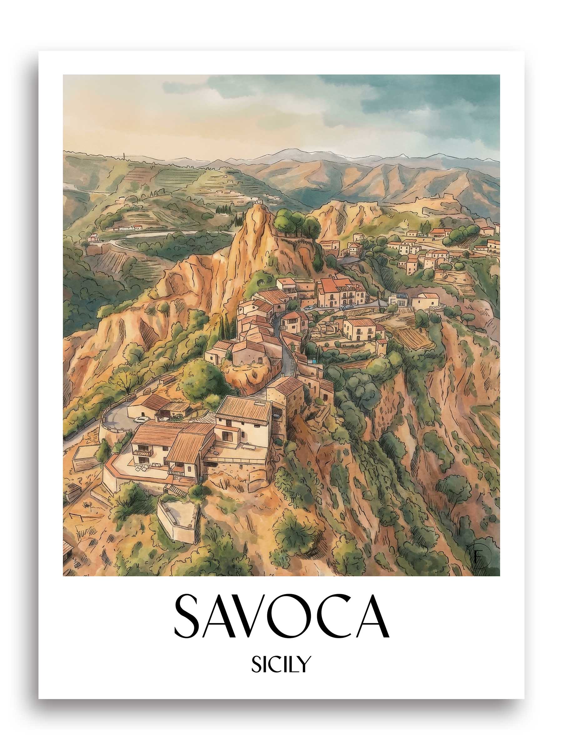 Savoca Poster - Sizilien - Italien Kunstdruck - Aquarell von A4 bis A1 - favplace
