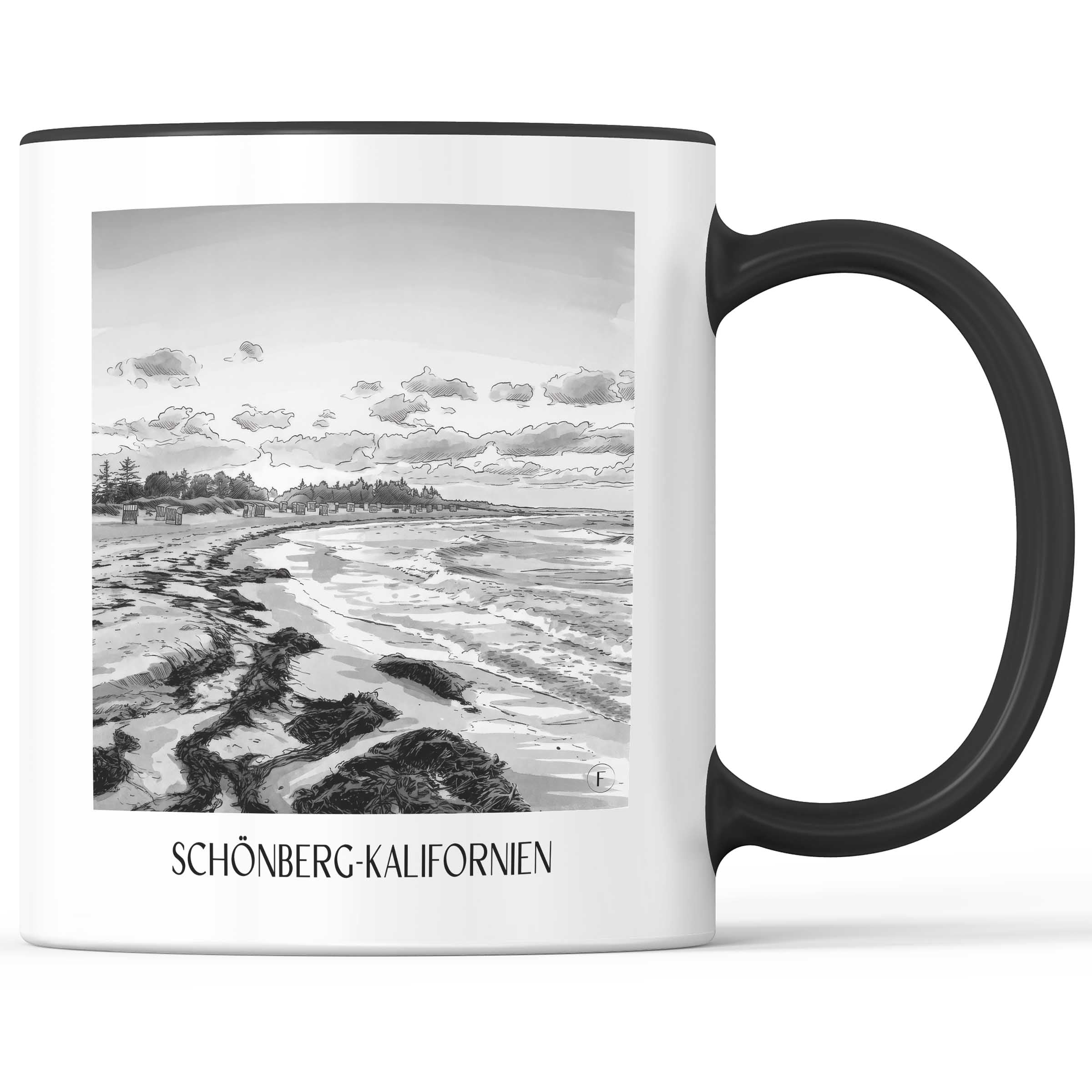 schönberg-kalifornien-schleswig-holstein-deutschland-kaffeebecher-aquarell-schwarz-weiss