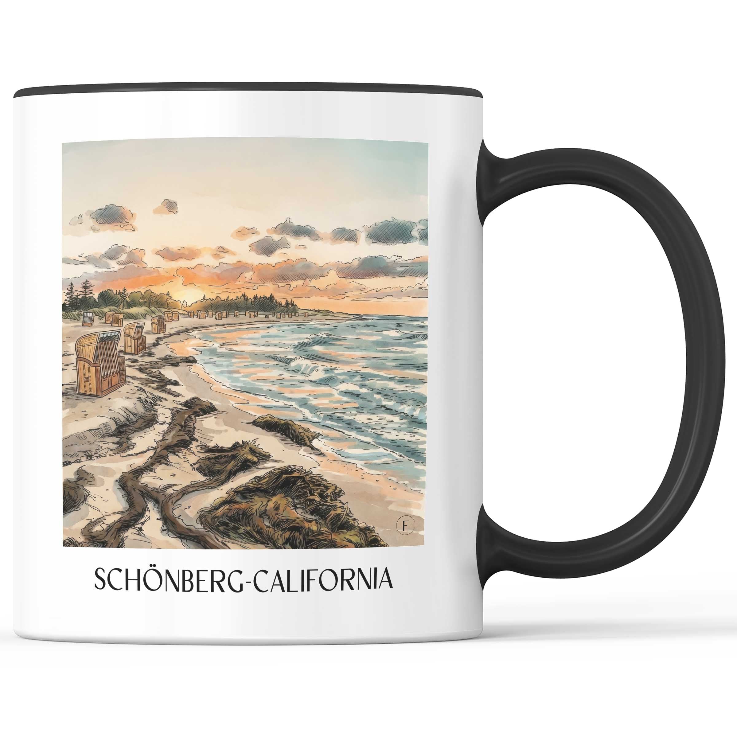 Schönberg-Kalifornien Kaffeebecher - Schleswig-Holstein - USA und Deutschland Becher - Kaffeetasse im Aquarell Stil - favplace