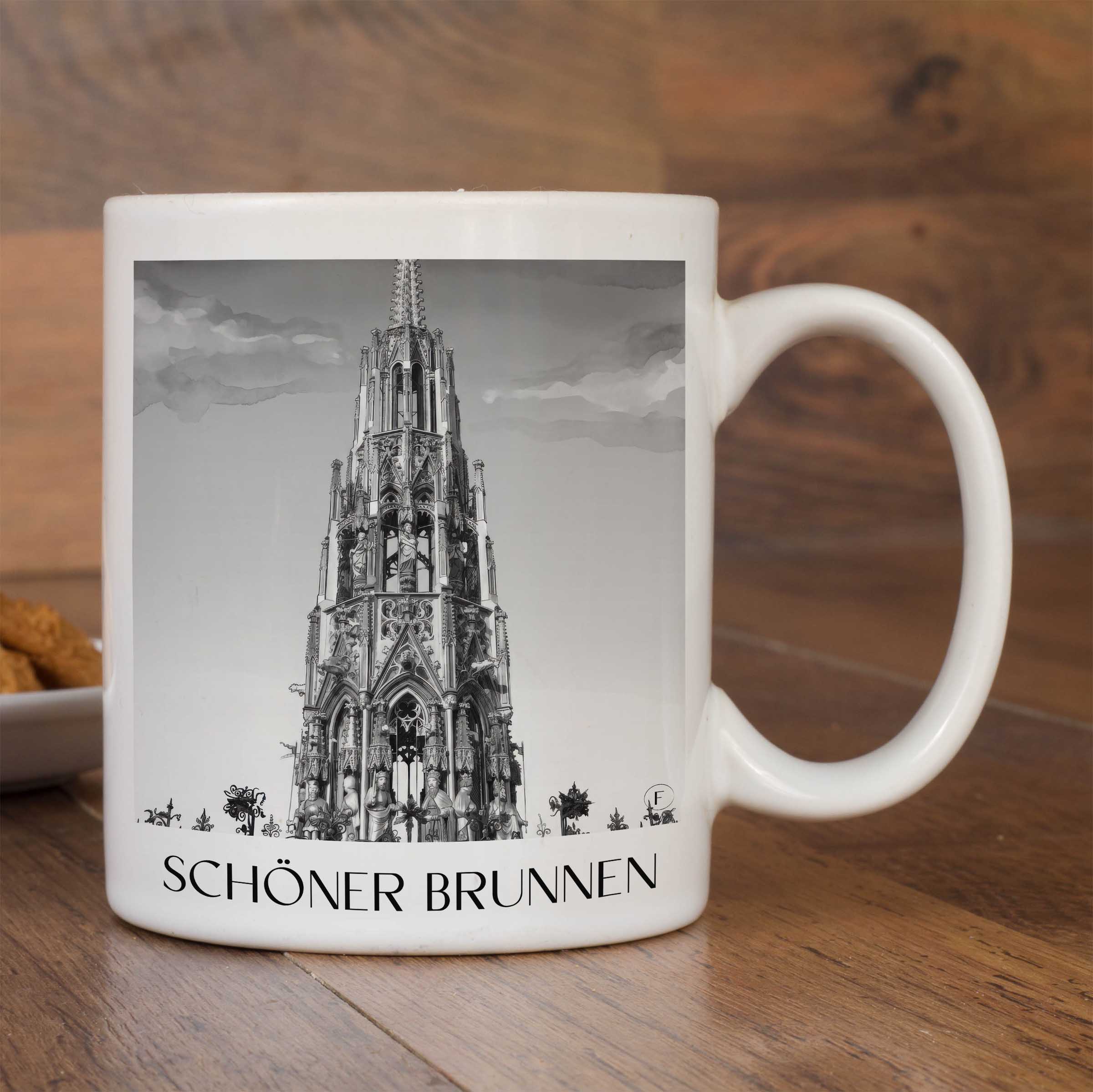 schöner-brunnen-nürnberg-deutschland-kaffeebecher-aquarell-schwarz-weiss
