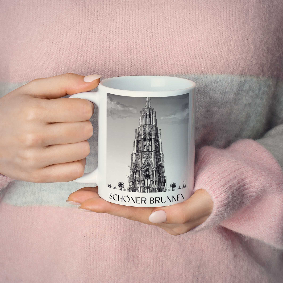 schöner-brunnen-nürnberg-deutschland-kaffeebecher-aquarell-schwarz-weiss