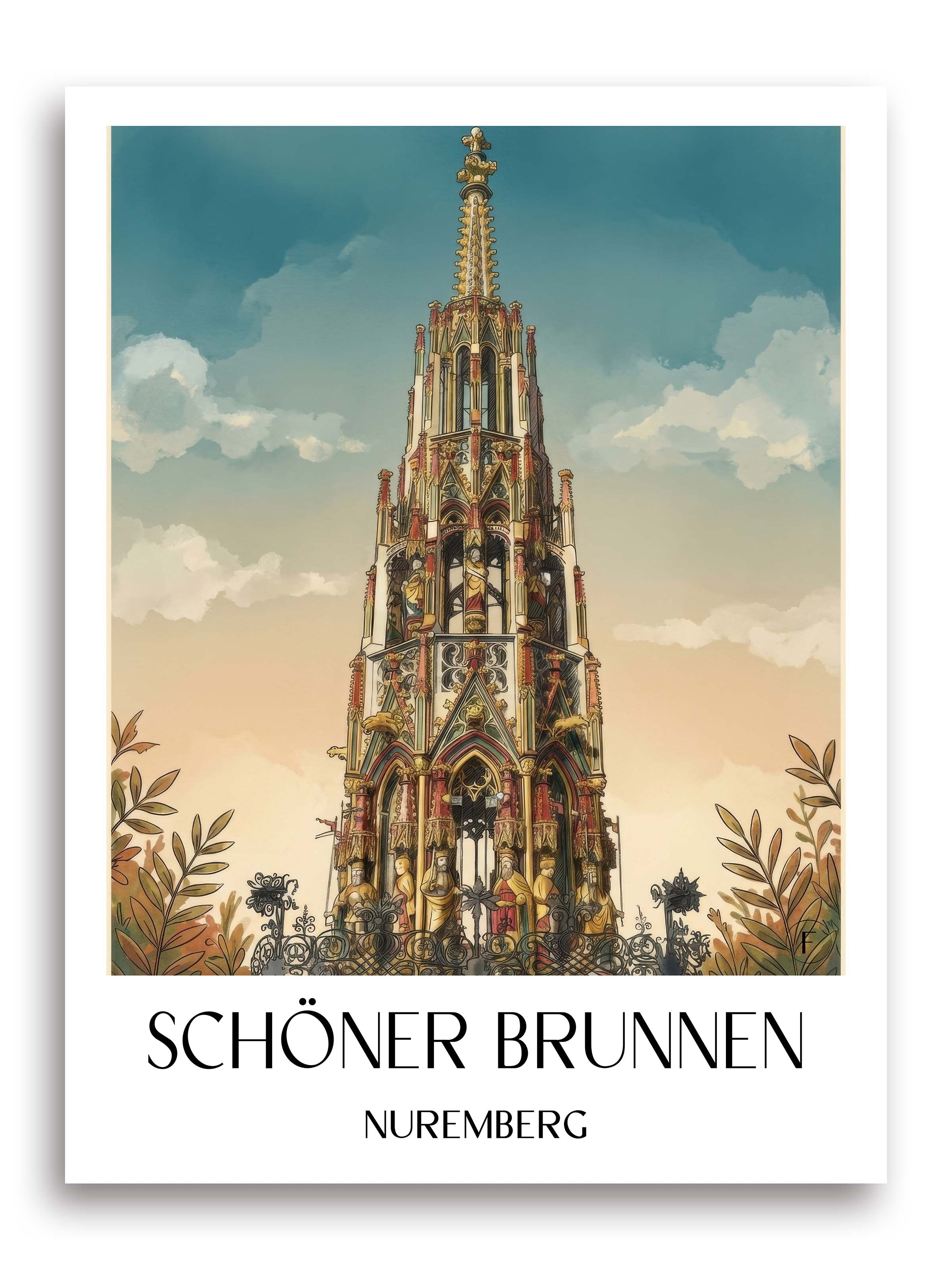 Schöner Brunnen Poster - Nürnberg - Deutschland Kunstdruck - Aquarell von A4 bis A1 - favplace