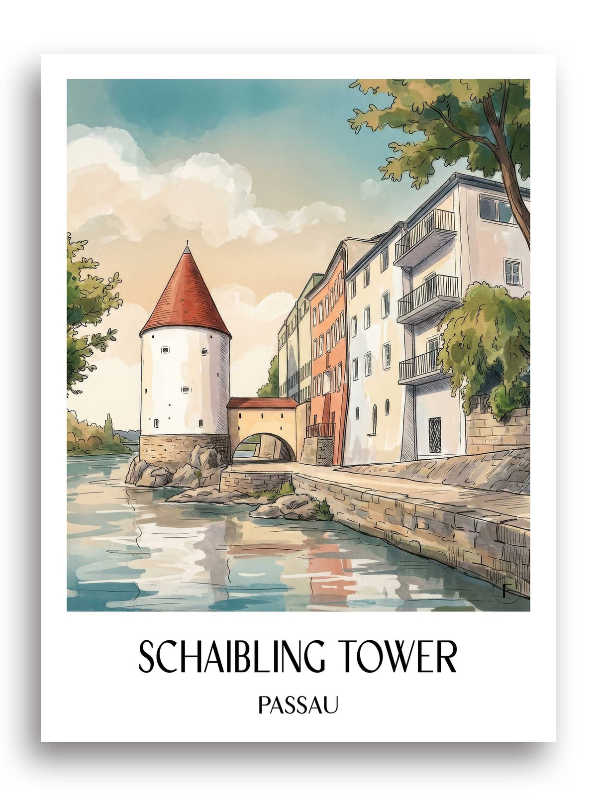 Schaiblingsturm Poster - Passau - Deutschland Kunstdruck - Aquarell von A4 bis A1 - favplace