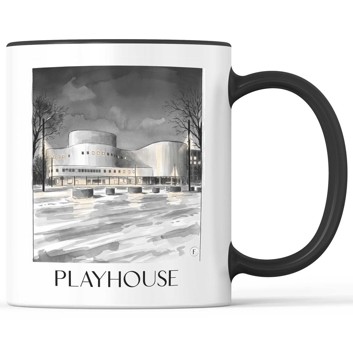 Schauspielhaus Kaffeebecher - Düsseldorf - Deutschland Becher - Kaffeetasse im Aquarell Schwarz-Weiß Stil - favplace