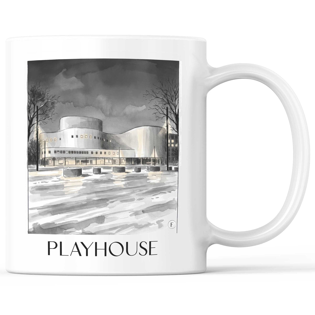 Schauspielhaus Kaffeebecher - Düsseldorf - Deutschland Becher - Kaffeetasse im Aquarell Schwarz-Weiß Stil - favplace