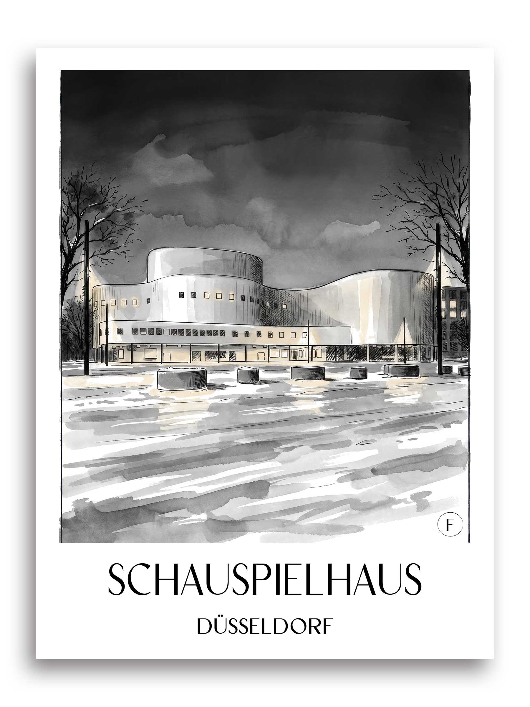 schauspielhaus-düsseldorf-deutschland-poster-aquarell-schwarz-weiss