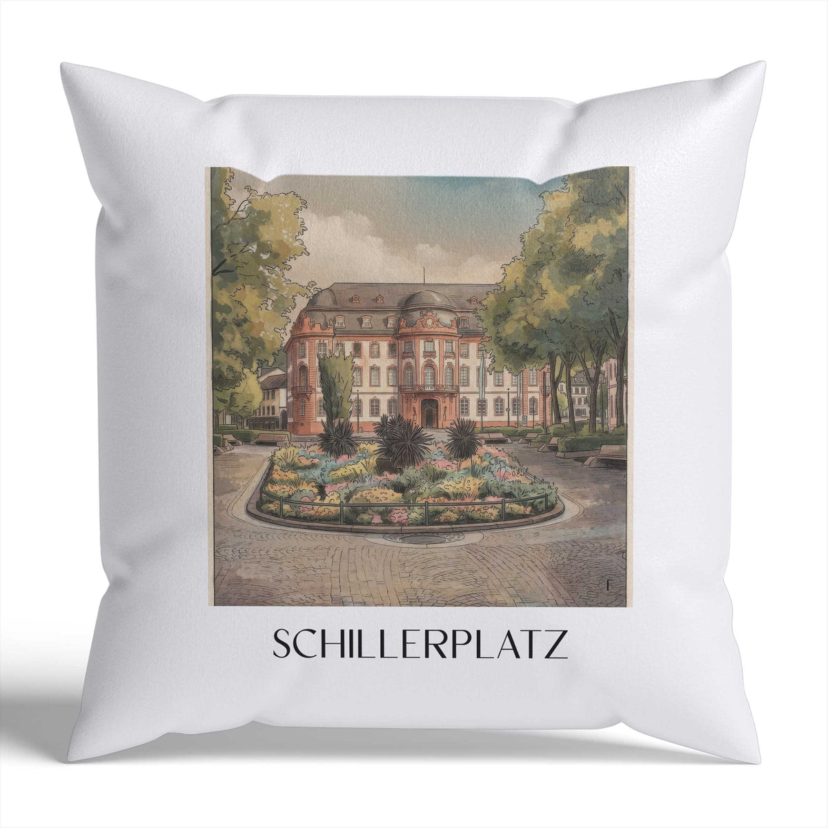 Schillerplatz Kissenhülle - Zierkissen Bezug - Mainz - Deutschland Kissen bzw. Kissenbezug im Aquarell Stil - favplace