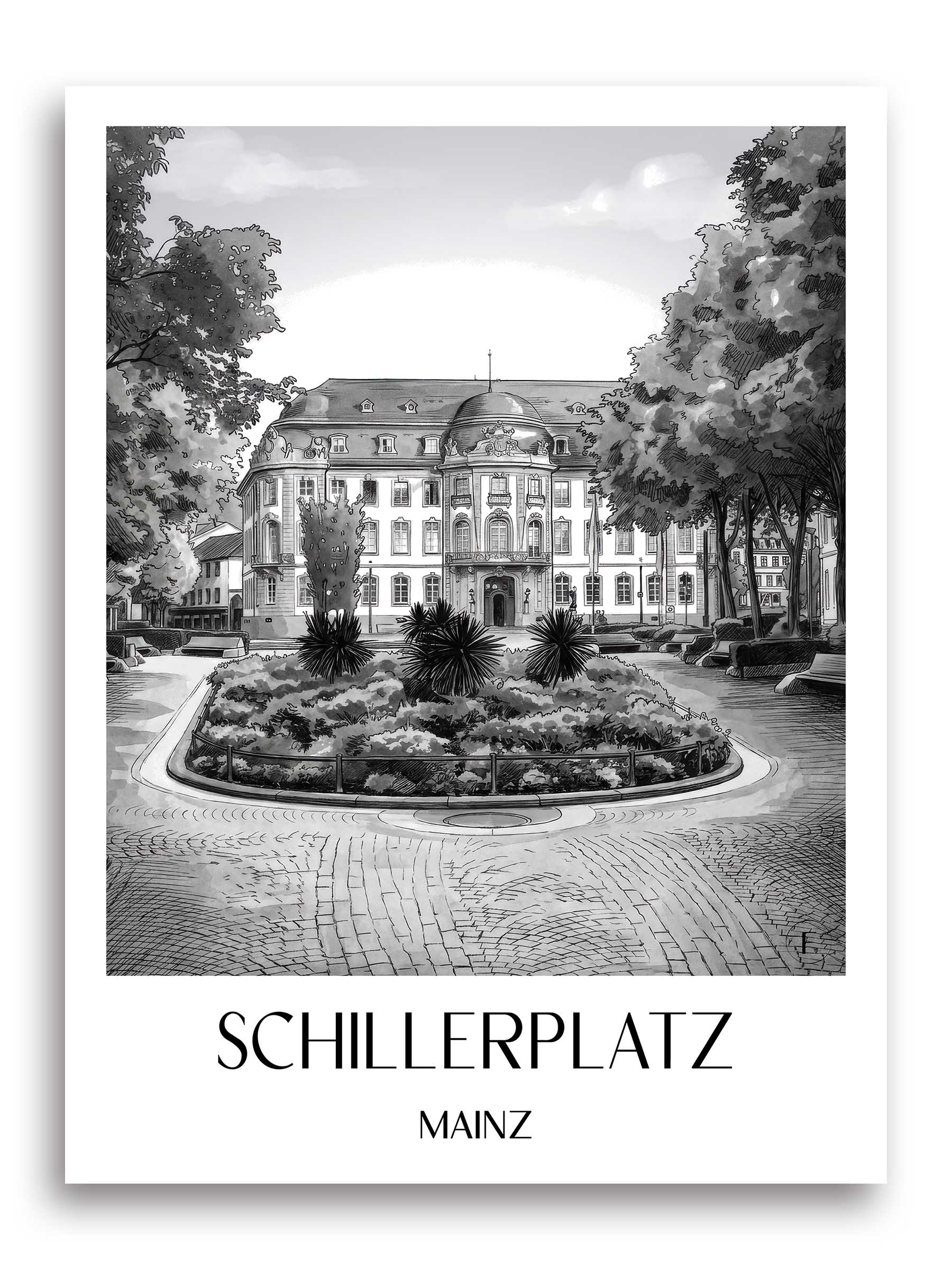 Schillerplatz Poster - Mainz - Deutschland Kunstdruck - Aquarell Schwarz-Weiß von A4 bis A1 - favplace