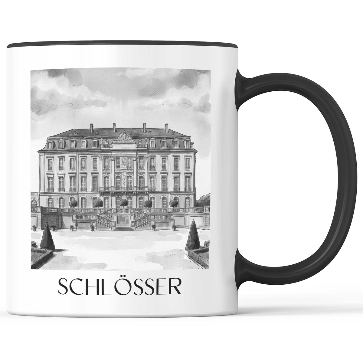Schlösser Kaffeebecher - Brühl - Deutschland Becher - Kaffeetasse im Aquarell Schwarz-Weiß Stil - favplace