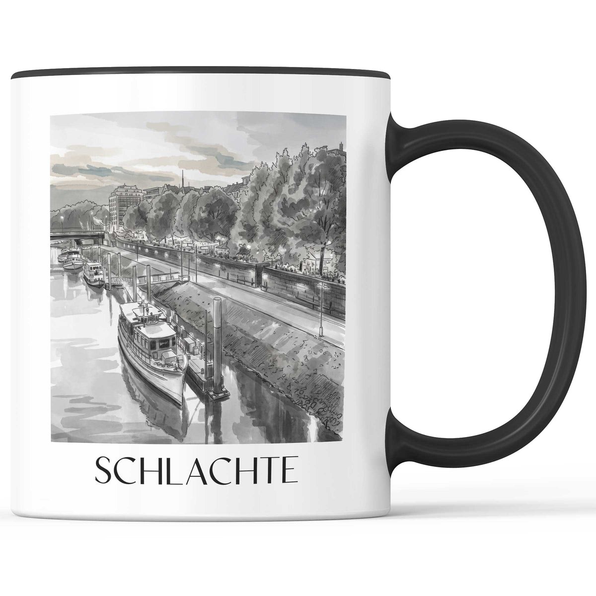 Schlachte Kaffeebecher - Bremen - Deutschland Becher - Kaffeetasse im Aquarell Schwarz-Weiß Stil - favplace