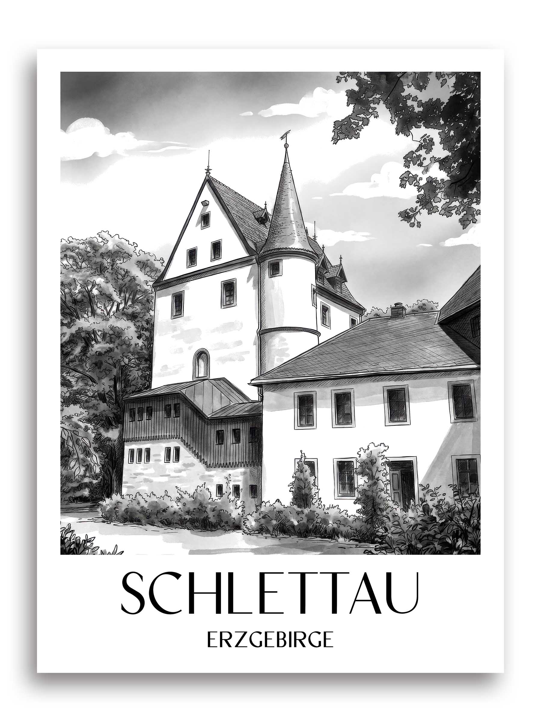 schlettau-erzgebirge-deutschland-poster-aquarell-schwarz-weiss