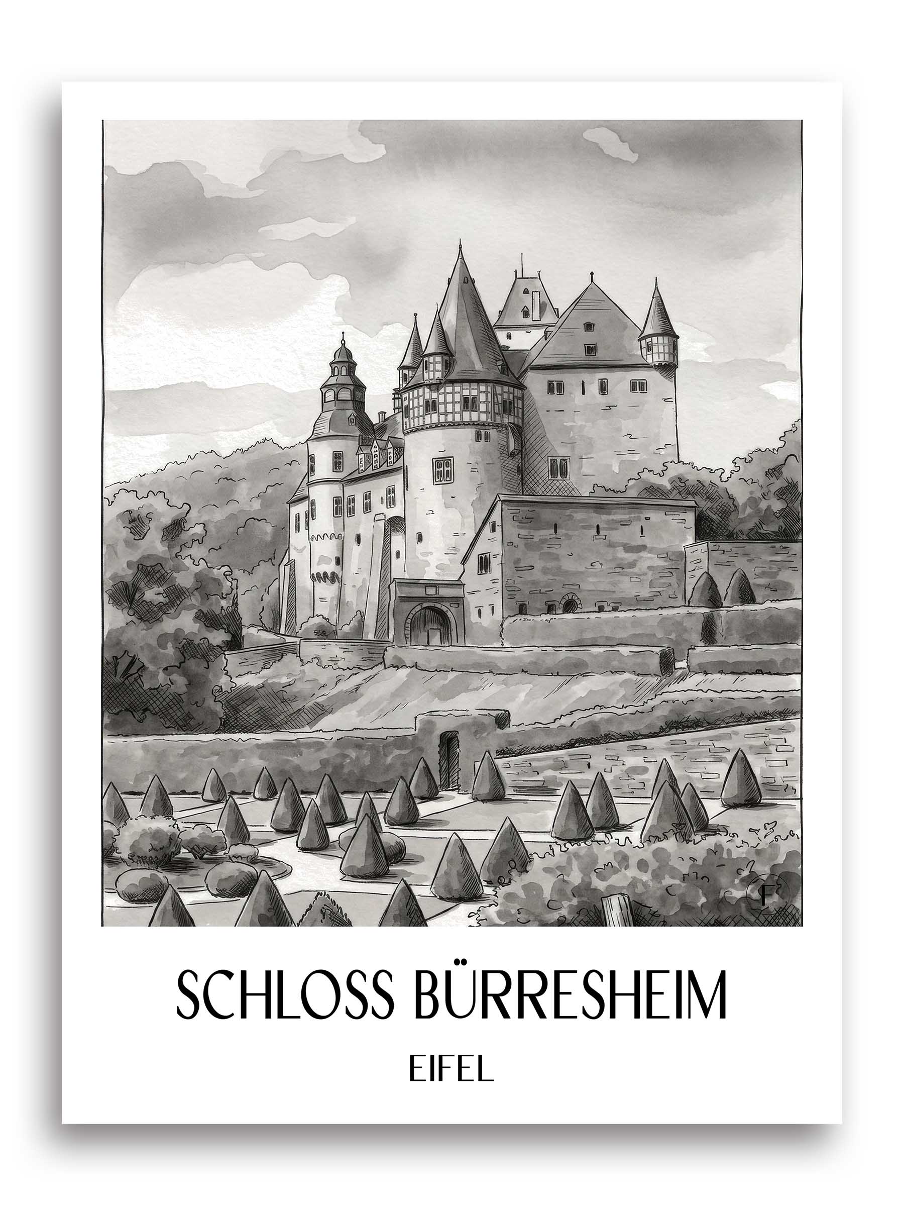 schloss-bürresheim-eifel-deutschland-poster-aquarell-schwarz-weiss
