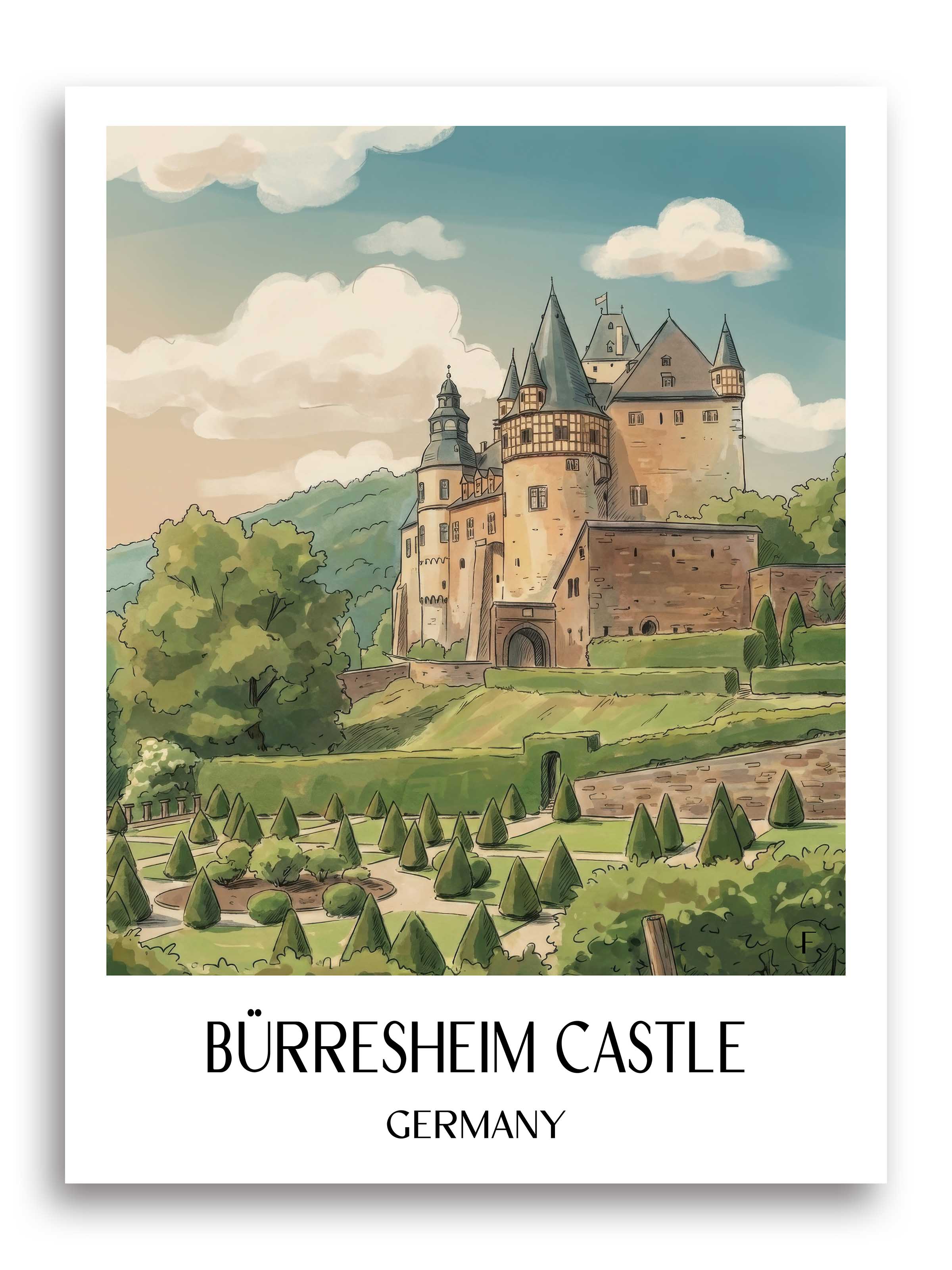 Schloss Bürresheim Poster - Eifel - Deutschland Kunstdruck - Aquarell von A4 bis A1 - favplace