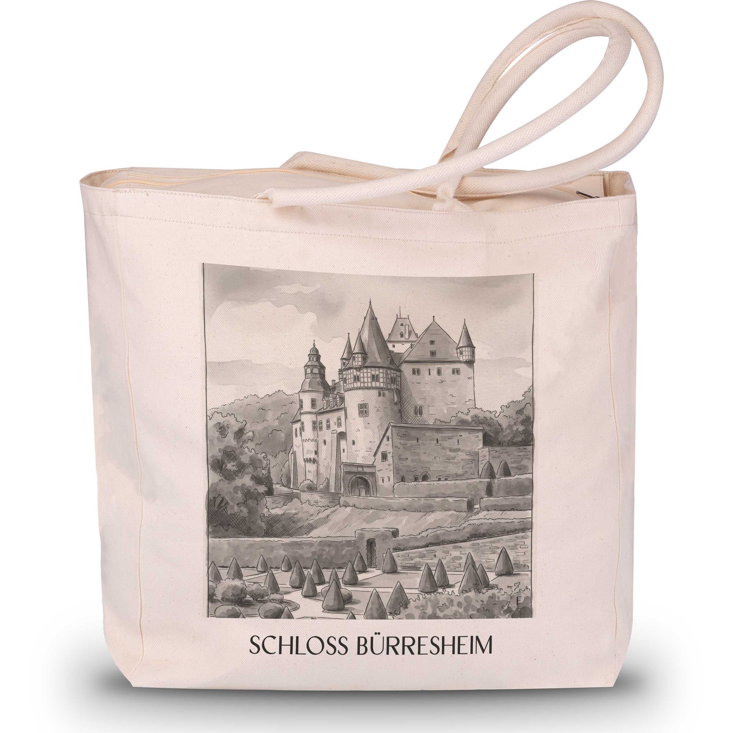 schloss-bürresheim-eifel-deutschland-einkaufstasche-aquarell-schwarz-weiss