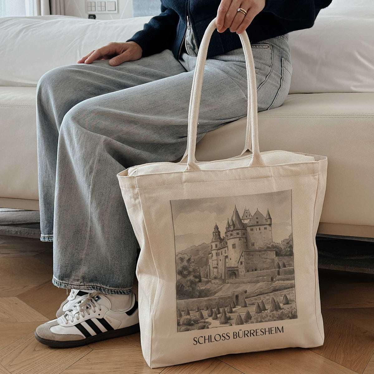 schloss-bürresheim-eifel-deutschland-einkaufstasche-aquarell-schwarz-weiss