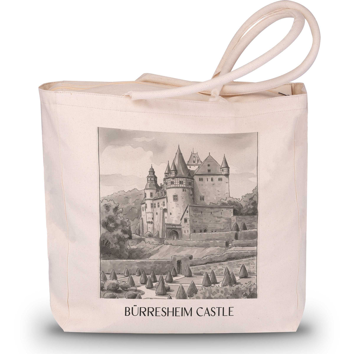 Schloss Bürresheim Shopping Tasche - Eifel - Deutschland Tote Bag - Einkaufstasche im Aquarell Schwarz-Weiß Stil - favplace