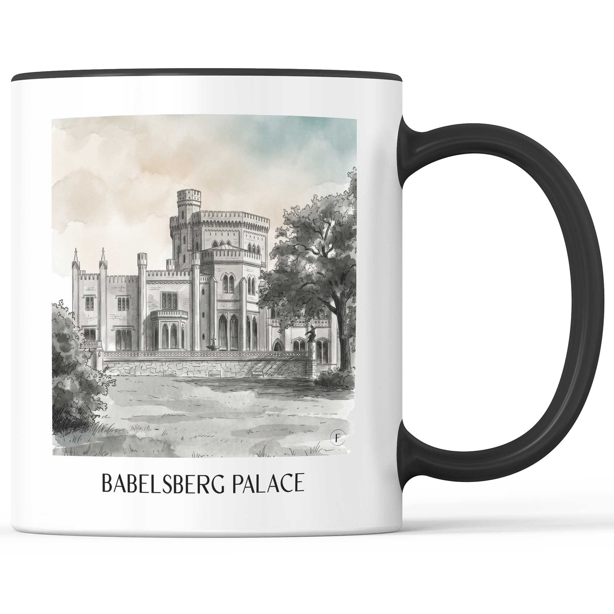 Schloss Babelsberg Kaffeebecher - Potsdam - Deutschland Becher - Kaffeetasse im Aquarell Schwarz-Weiß Stil - favplace
