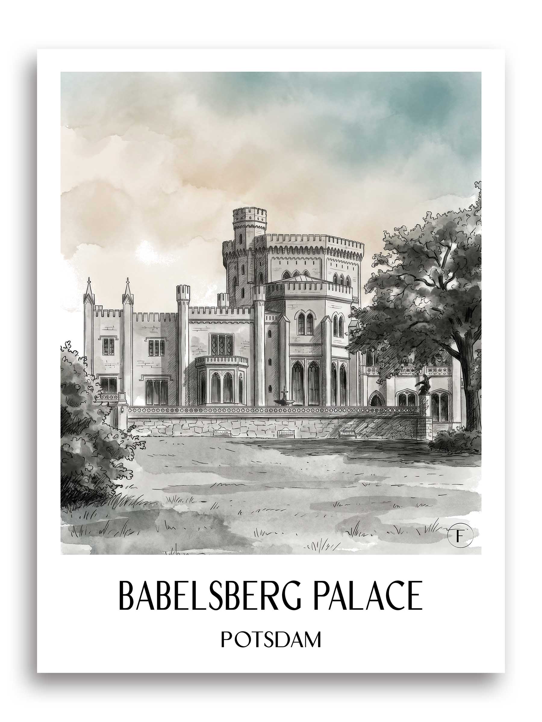 Schloss Babelsberg Poster - Potsdam - Deutschland Kunstdruck - Aquarell Schwarz-Weiß von A4 bis A1 - favplace