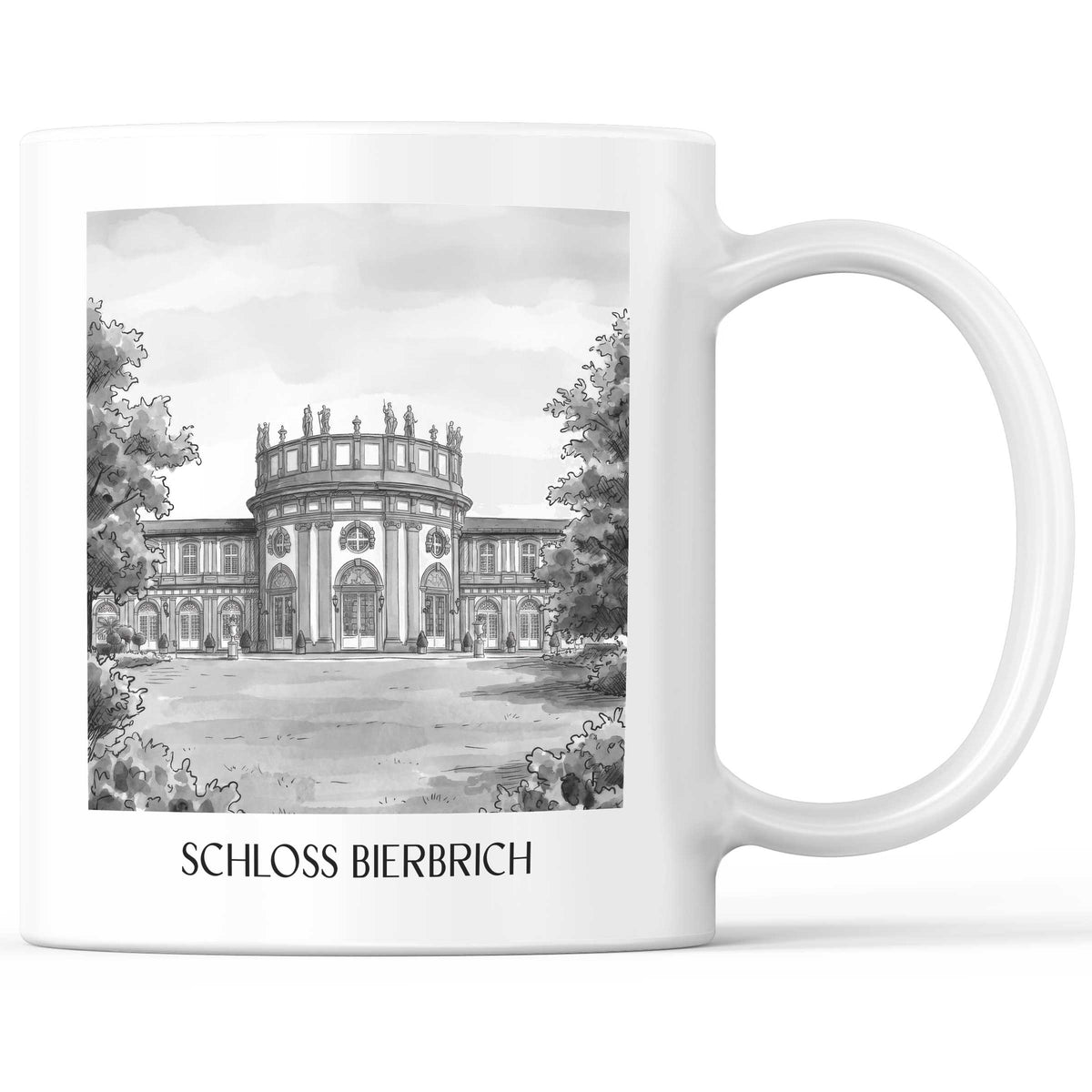 schloss-bierbrich-wiesbaden-deutschland-kaffeebecher-aquarell-schwarz-weiss