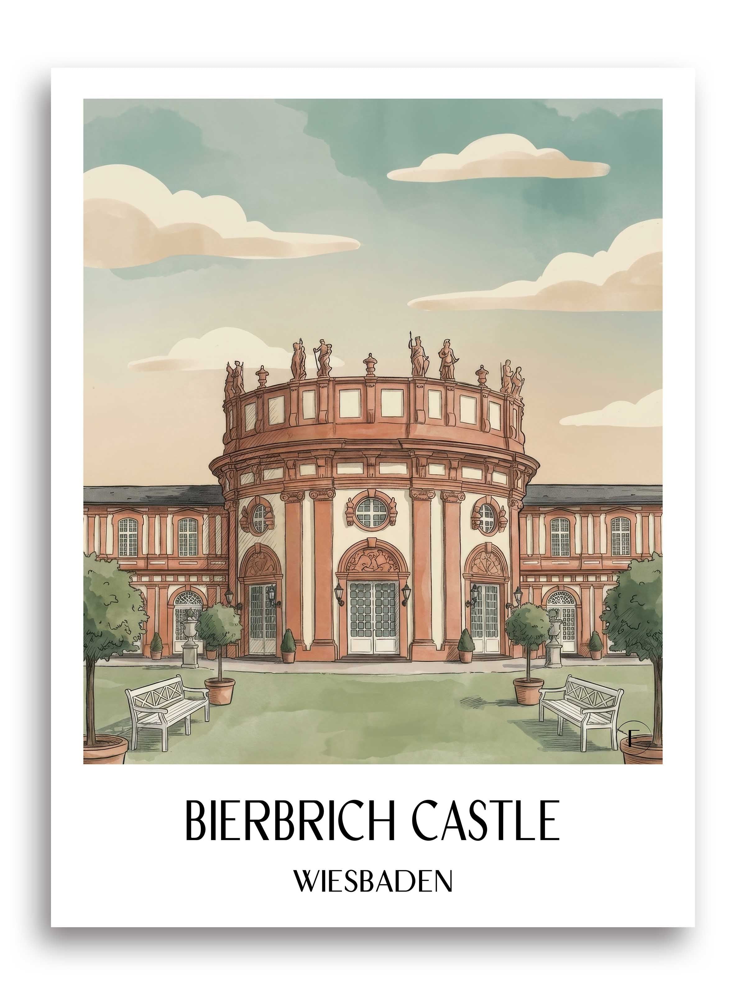 Schloss Bierbrich Poster - Wiesbaden - Deutschland Kunstdruck - Aquarell von A4 bis A1 - favplace