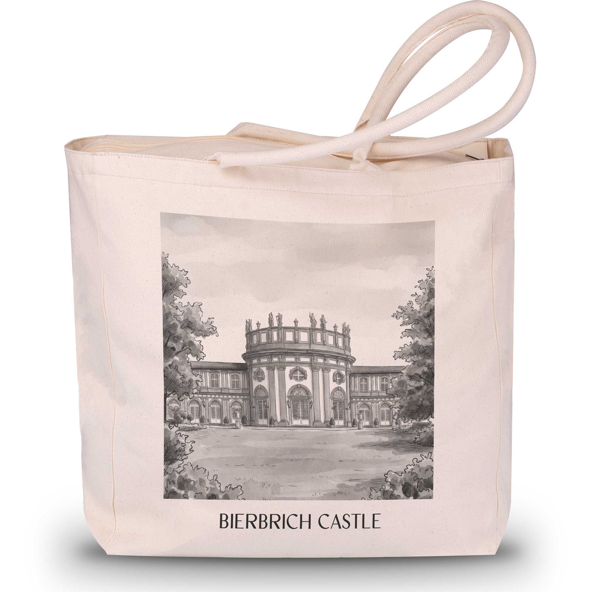 Schloss Bierbrich Shopping Tasche - Wiesbaden - Deutschland Tote Bag - Einkaufstasche im Aquarell Schwarz-Weiß Stil - favplace