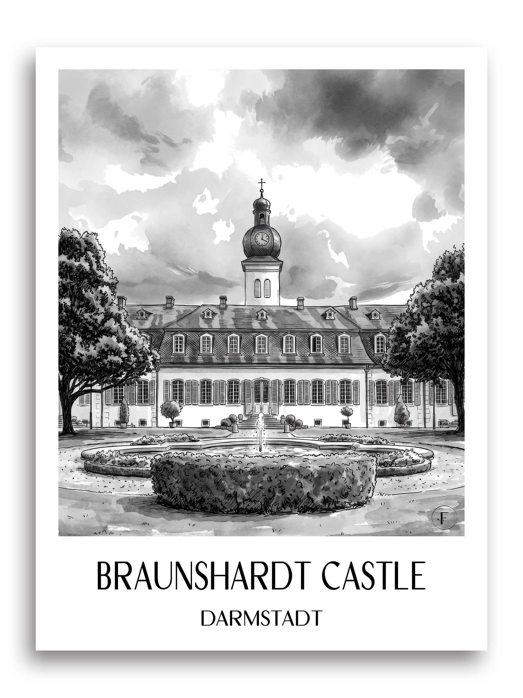 Schloss Braunshardt Poster - Darmstadt - Deutschland Kunstdruck - Aquarell Schwarz-Weiß von A4 bis A1