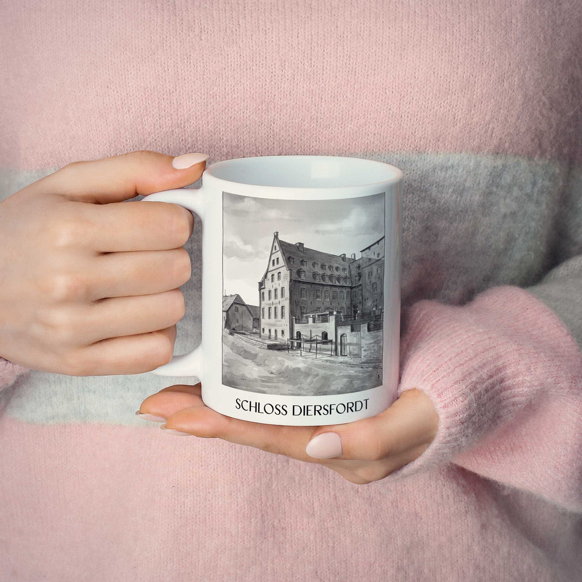 schloss-diersfordt-wesel-deutschland-kaffeebecher-aquarell-schwarz-weiss