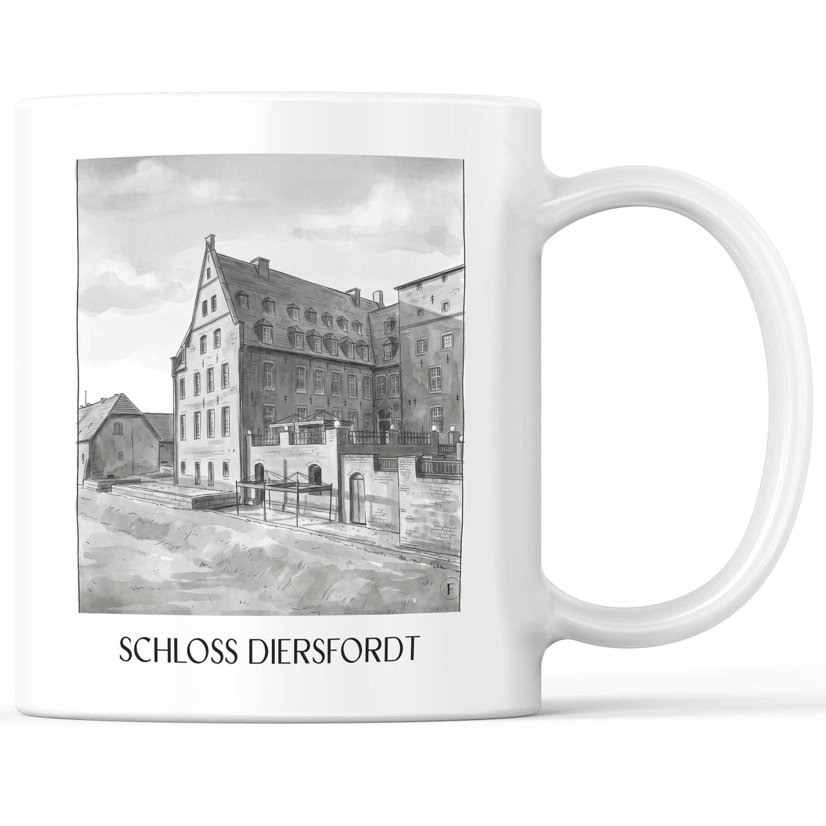 schloss-diersfordt-wesel-deutschland-kaffeebecher-aquarell-schwarz-weiss