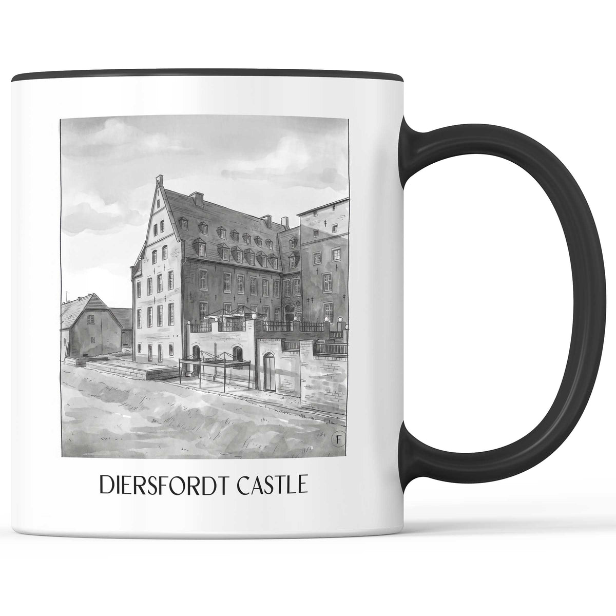 Schloss Diersfordt Kaffeebecher - Wesel - Deutschland Becher - Kaffeetasse im Aquarell Schwarz-Weiß Stil - favplace