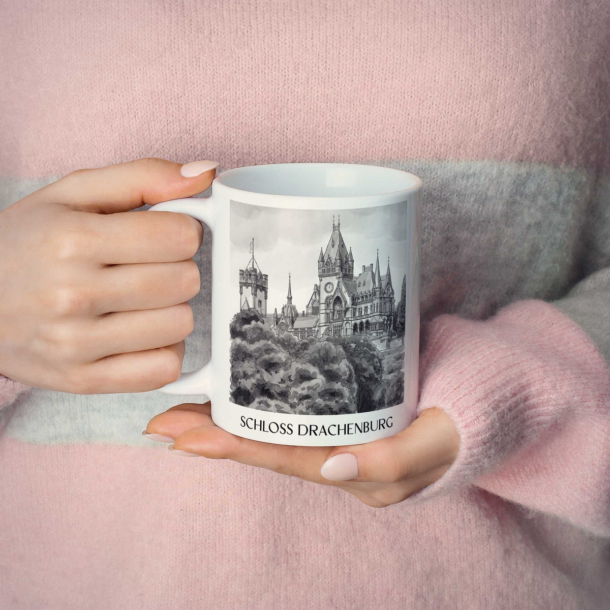 schloss-drachenburg-königswinter-deutschland-kaffeebecher-aquarell-schwarz-weiss