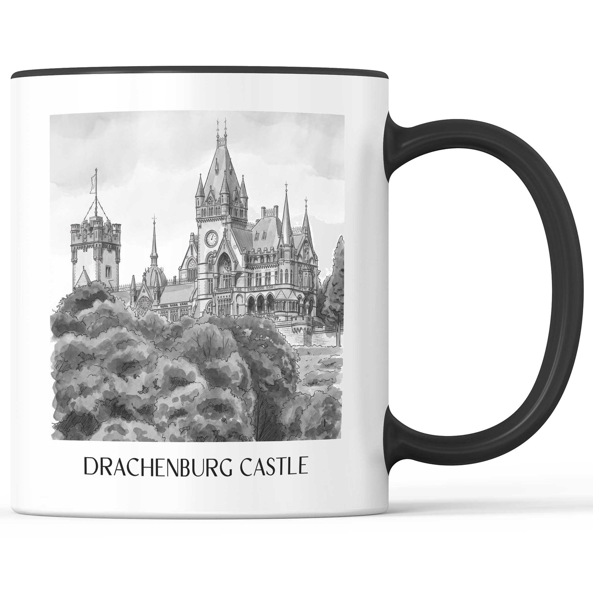 Schloss Drachenburg Kaffeebecher - Königswinter - Deutschland Becher - Kaffeetasse im Aquarell Schwarz-Weiß Stil - favplace