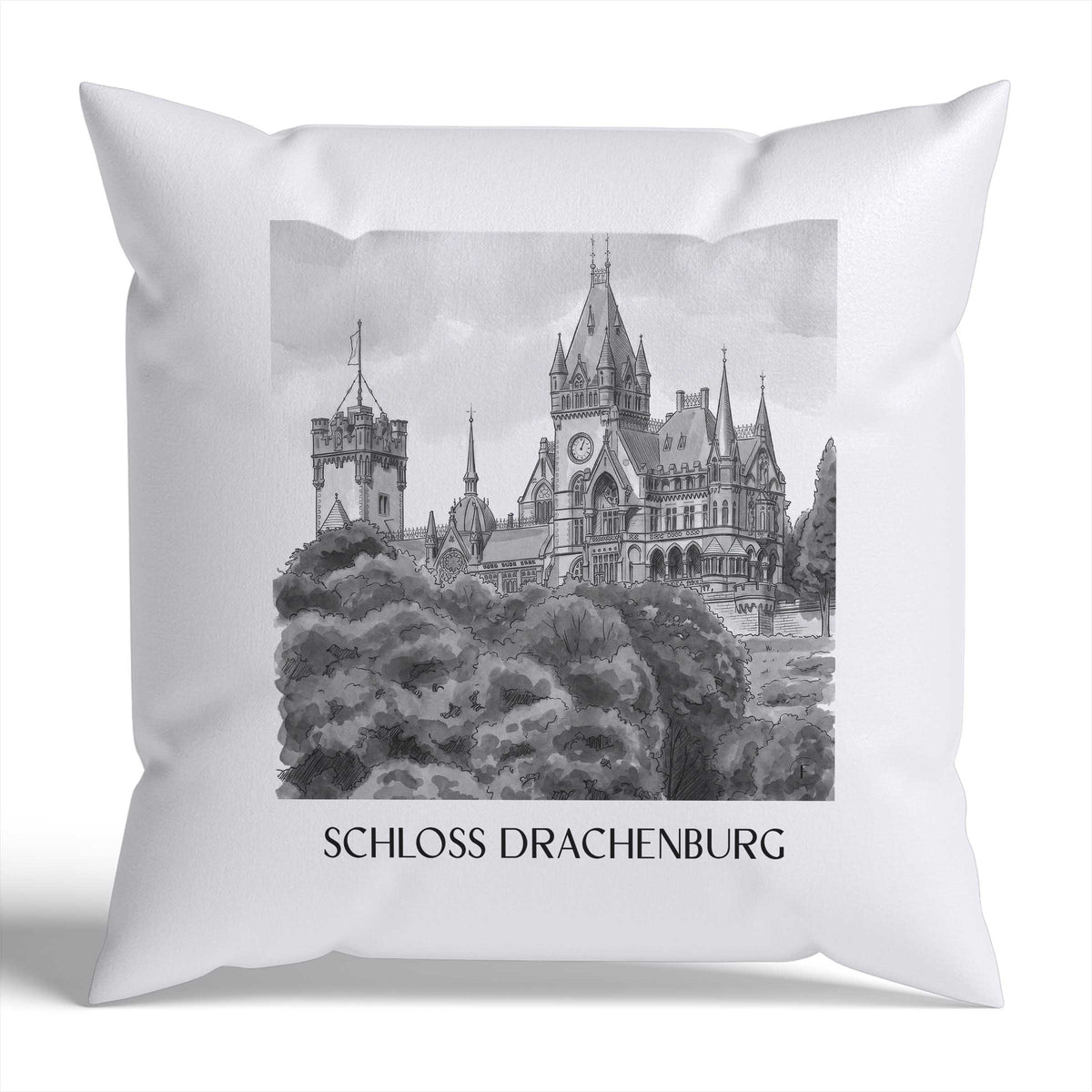 schloss-drachenburg-königswinter-deutschland-kissenbezug-aquarell-schwarz-weiss