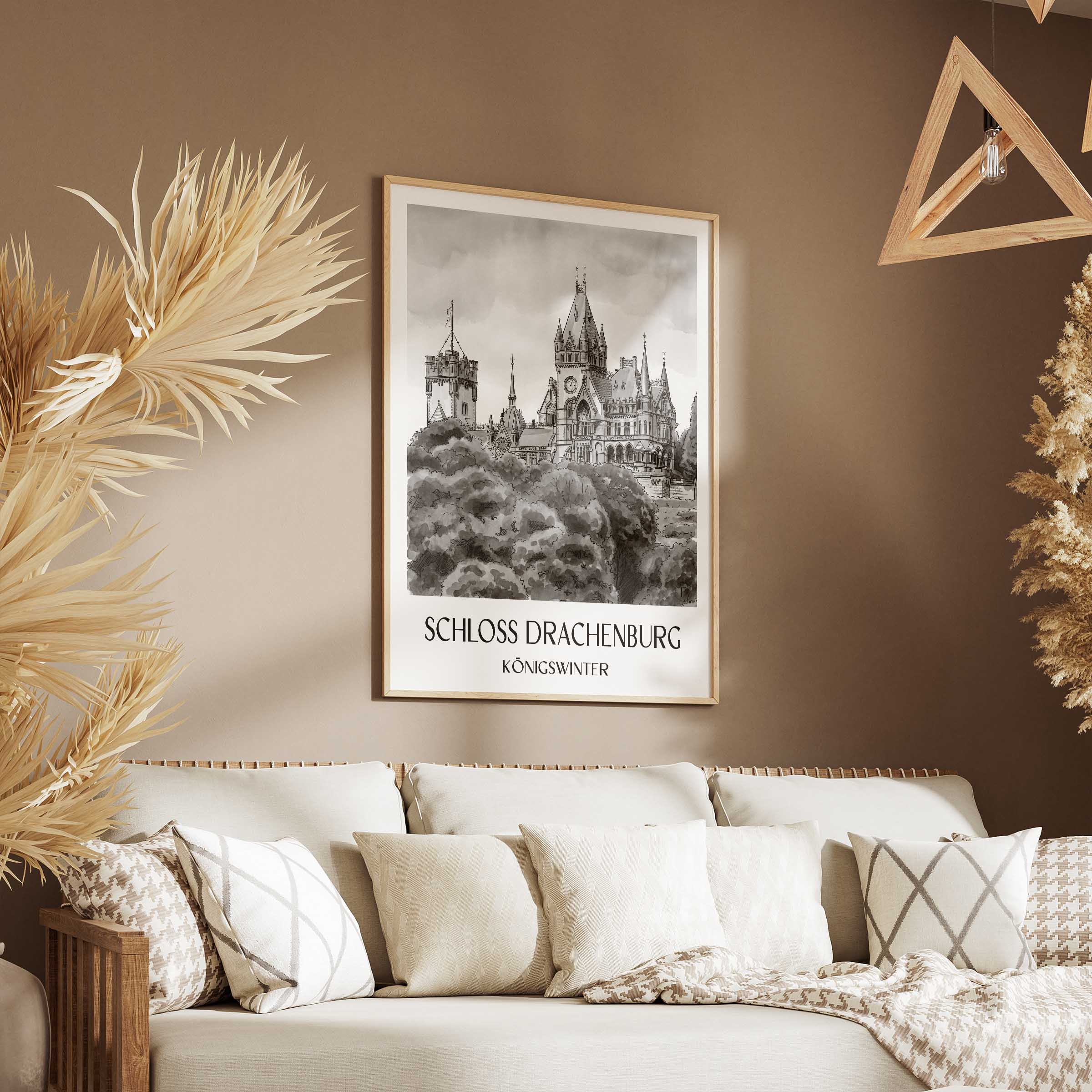 schloss-drachenburg-königswinter-deutschland-poster-aquarell-schwarz-weiss