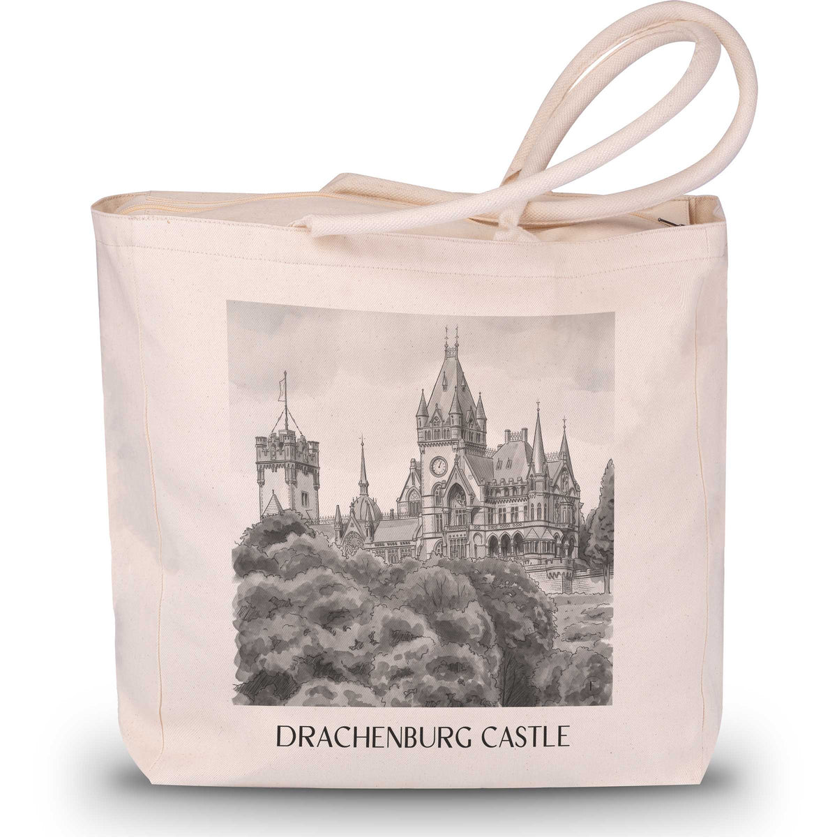 Schloss Drachenburg Shopping Tasche - Königswinter - Deutschland Tote Bag - Einkaufstasche im Aquarell Schwarz-Weiß Stil - favplace