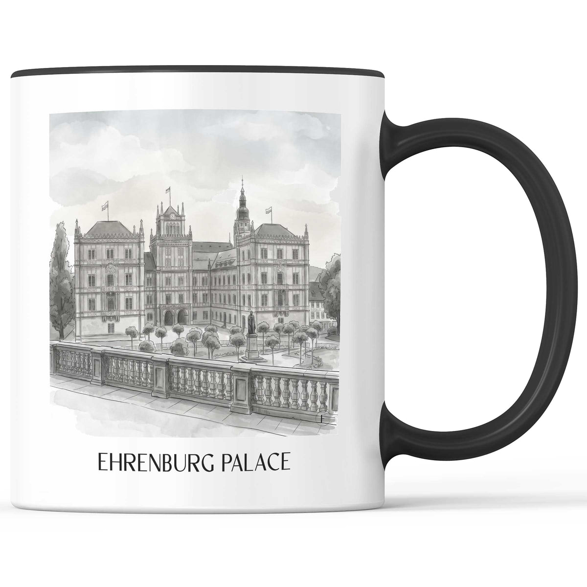 Schloss Ehrenburg Kaffeebecher - Coburg - Deutschland Becher - Kaffeetasse im Aquarell Schwarz-Weiß Stil - favplace