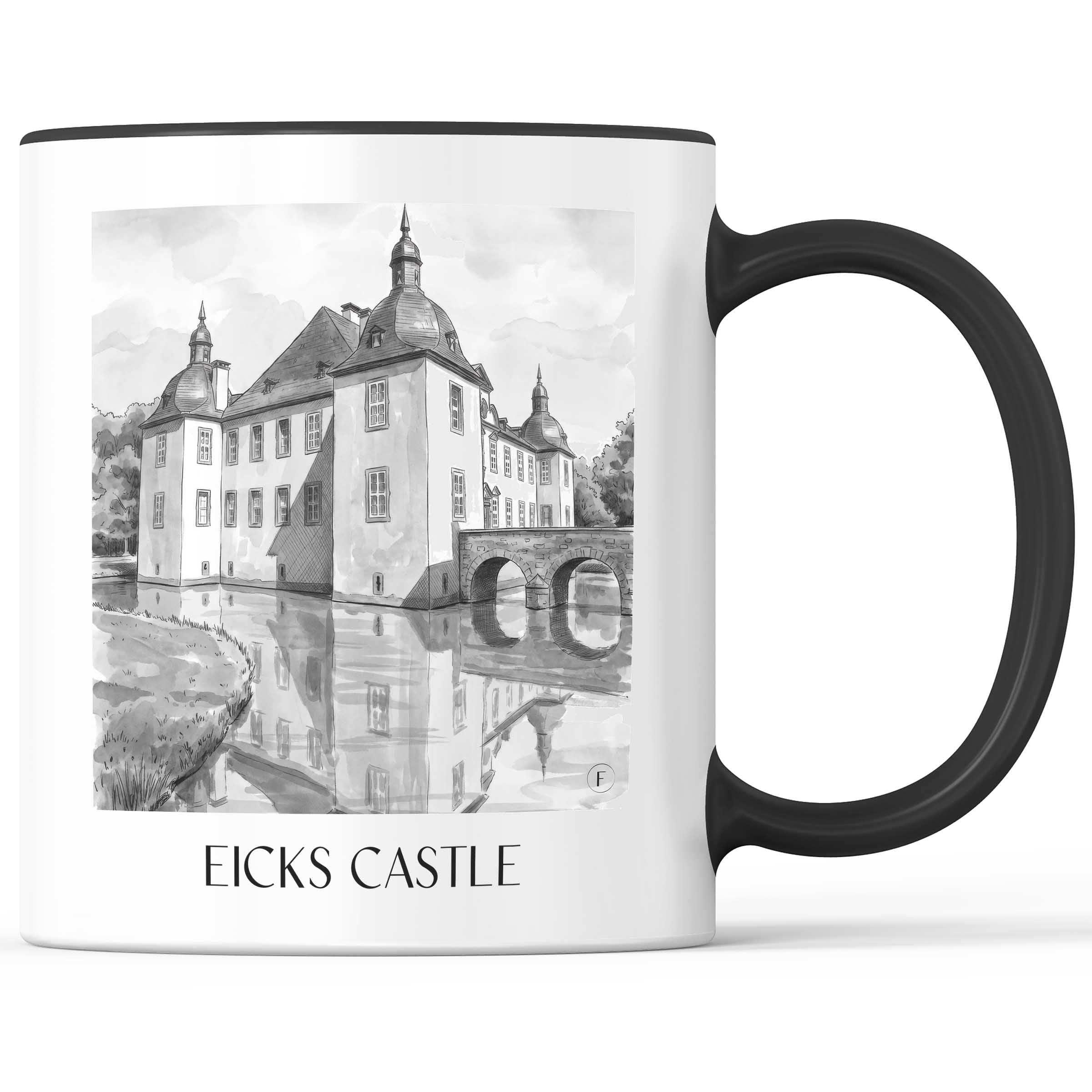 Schloss Eicks Kaffeebecher - Eifel - Deutschland Becher - Kaffeetasse im Aquarell Schwarz-Weiß Stil - favplace