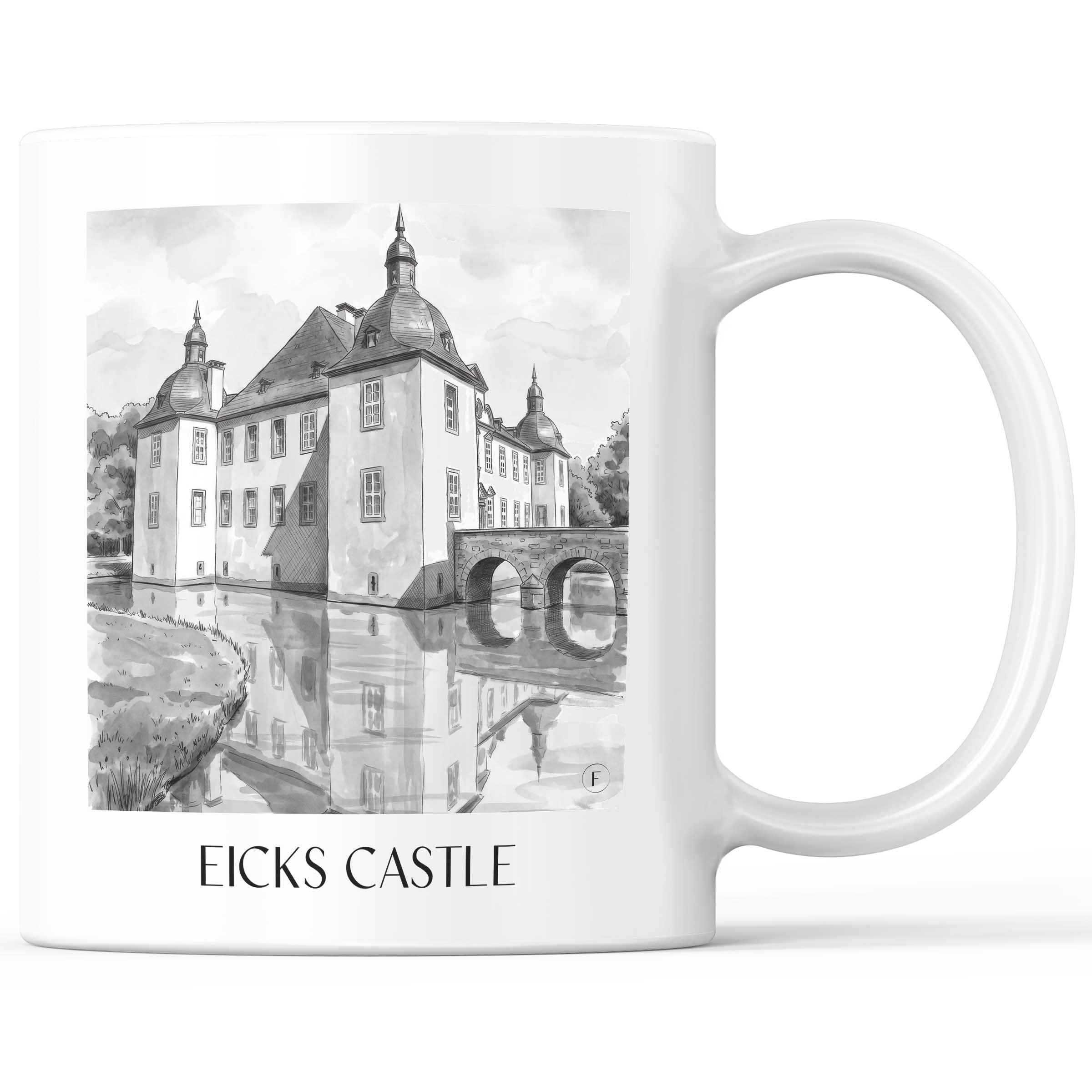 Schloss Eicks Kaffeebecher - Eifel - Deutschland Becher - Kaffeetasse im Aquarell Schwarz-Weiß Stil - favplace