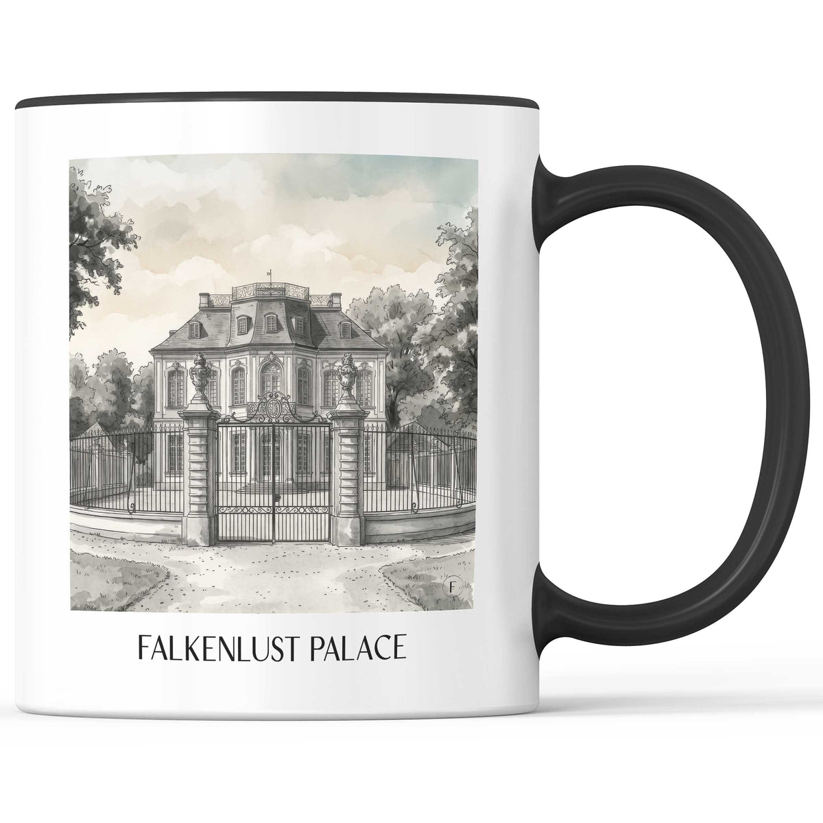 Schloss Falkenlust Kaffeebecher - Brühl - Deutschland Becher - Kaffeetasse im Aquarell Schwarz-Weiß Stil - favplace