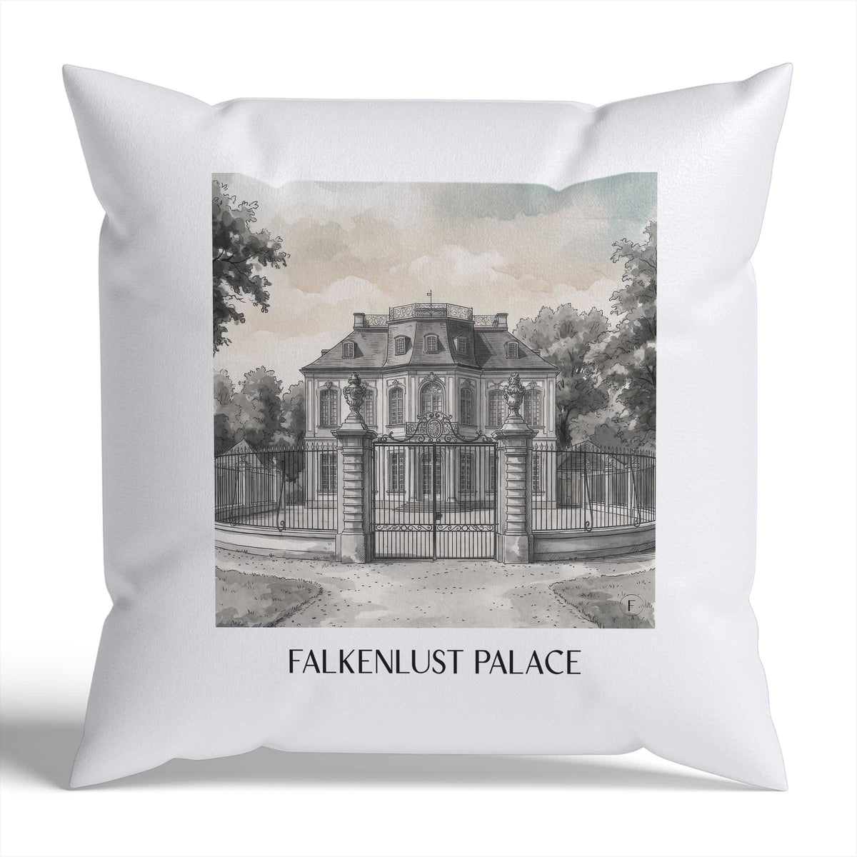Schloss Falkenlust Kissenhülle - Zierkissen Bezug - Brühl - Deutschland Kissen bzw. Kissenbezug im Aquarell Schwarz-Weiß Stil - favplace