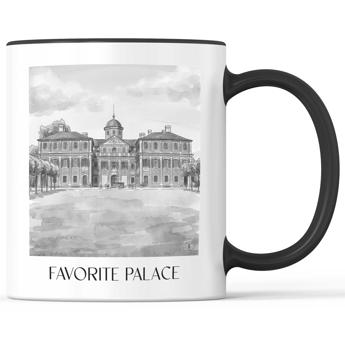 Schloss Favorite Kaffeebecher - Rastatt - Deutschland Becher - Kaffeetasse im Aquarell Schwarz-Weiß Stil - favplace
