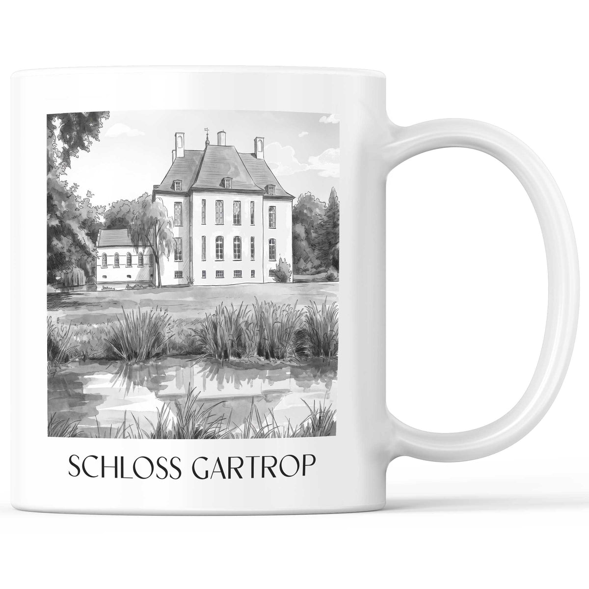 schloss-gartrop-niederrhein-deutschland-kaffeebecher-aquarell-schwarz-weiss