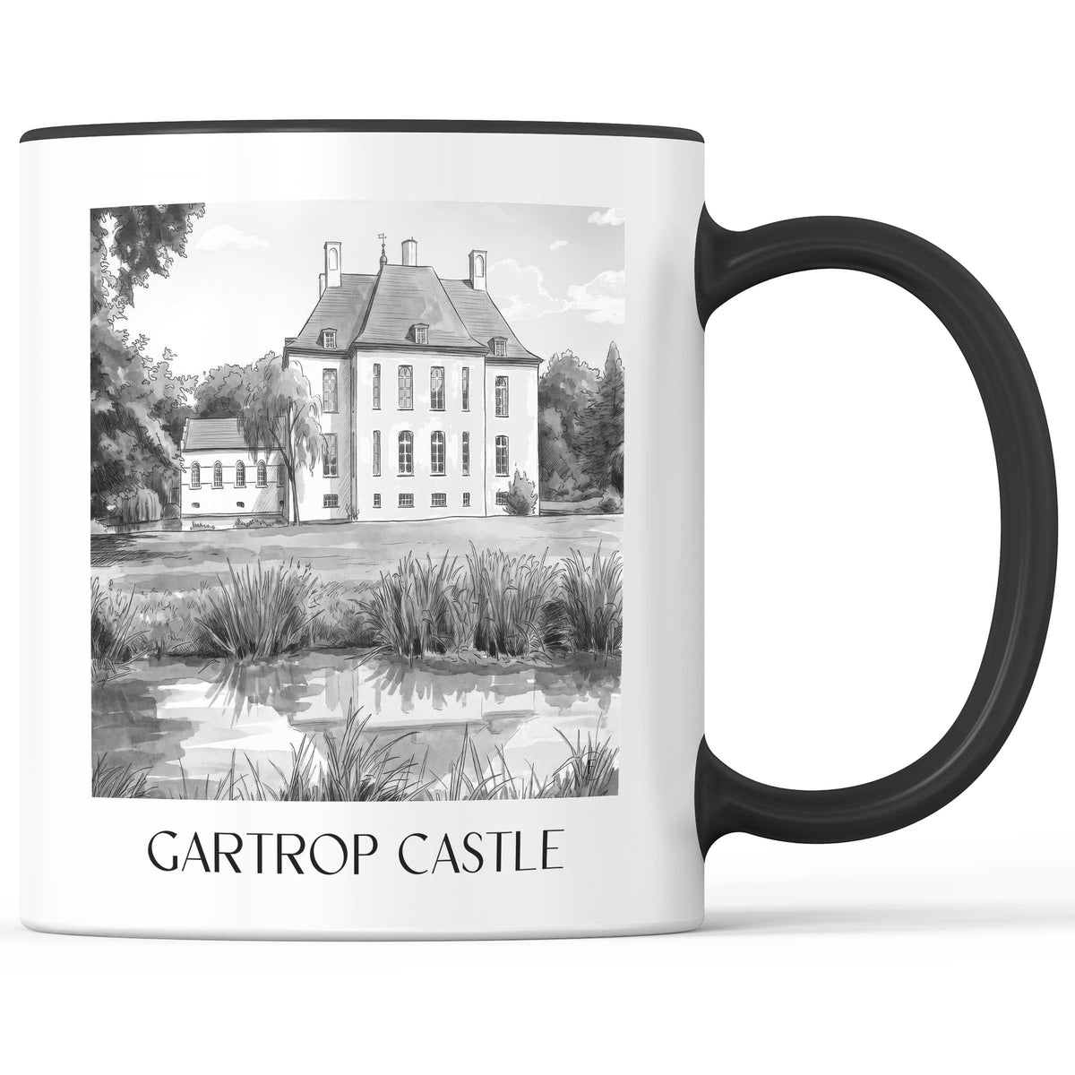 Schloss Gartrop Kaffeebecher - Niederrhein - Deutschland Becher - Kaffeetasse im Aquarell Schwarz-Weiß Stil - favplace